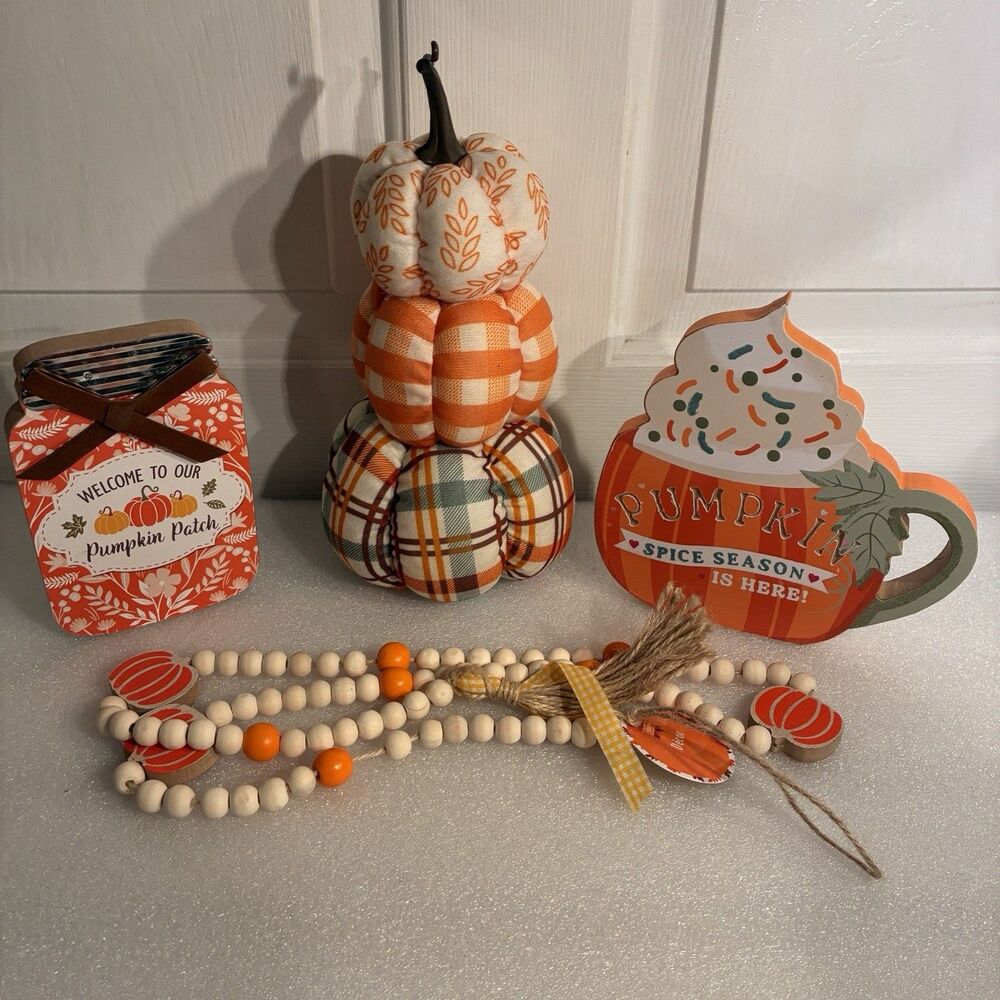 Fall 4 Piece Set Triple Stack Pumpkins, Block Mason Jar And Spice Cup, Wood Swag